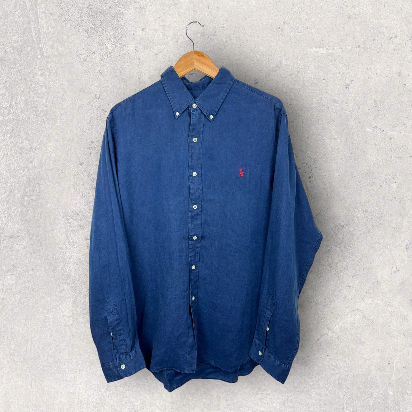 Ralph Lauren Chemise Bleu Marine Lin Logo Brodé Rouge - XL